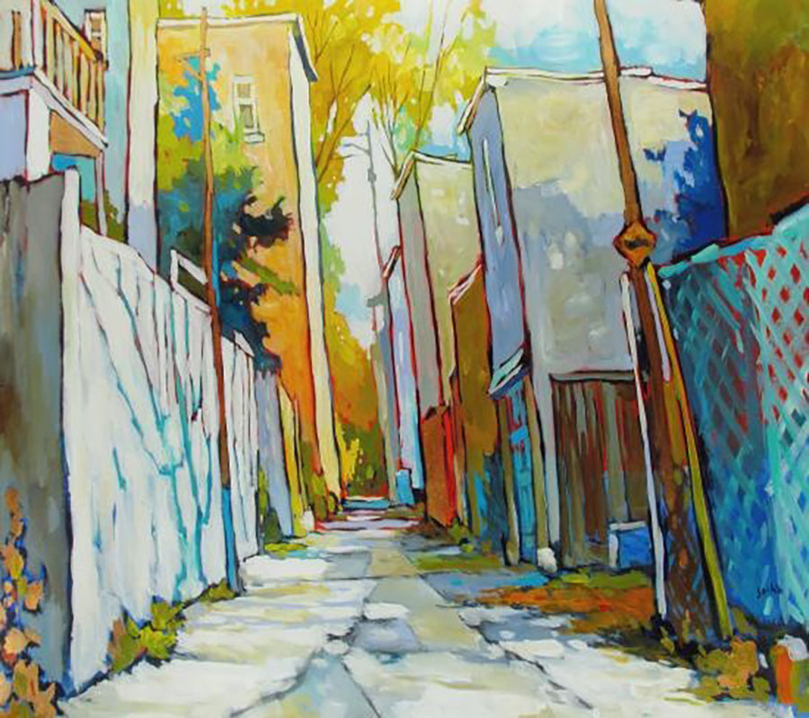 Cityscape “Lumiere Lateralle Dans La Ruelle” by Sacha Barrette – acrylic on canvas.