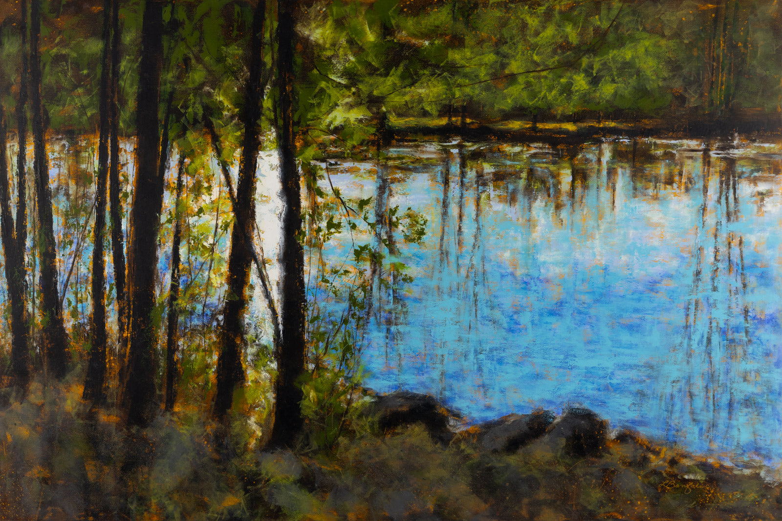 Landscape “Sunlight Through The Trees” by Linda Banfalvi – mixed media on panel.