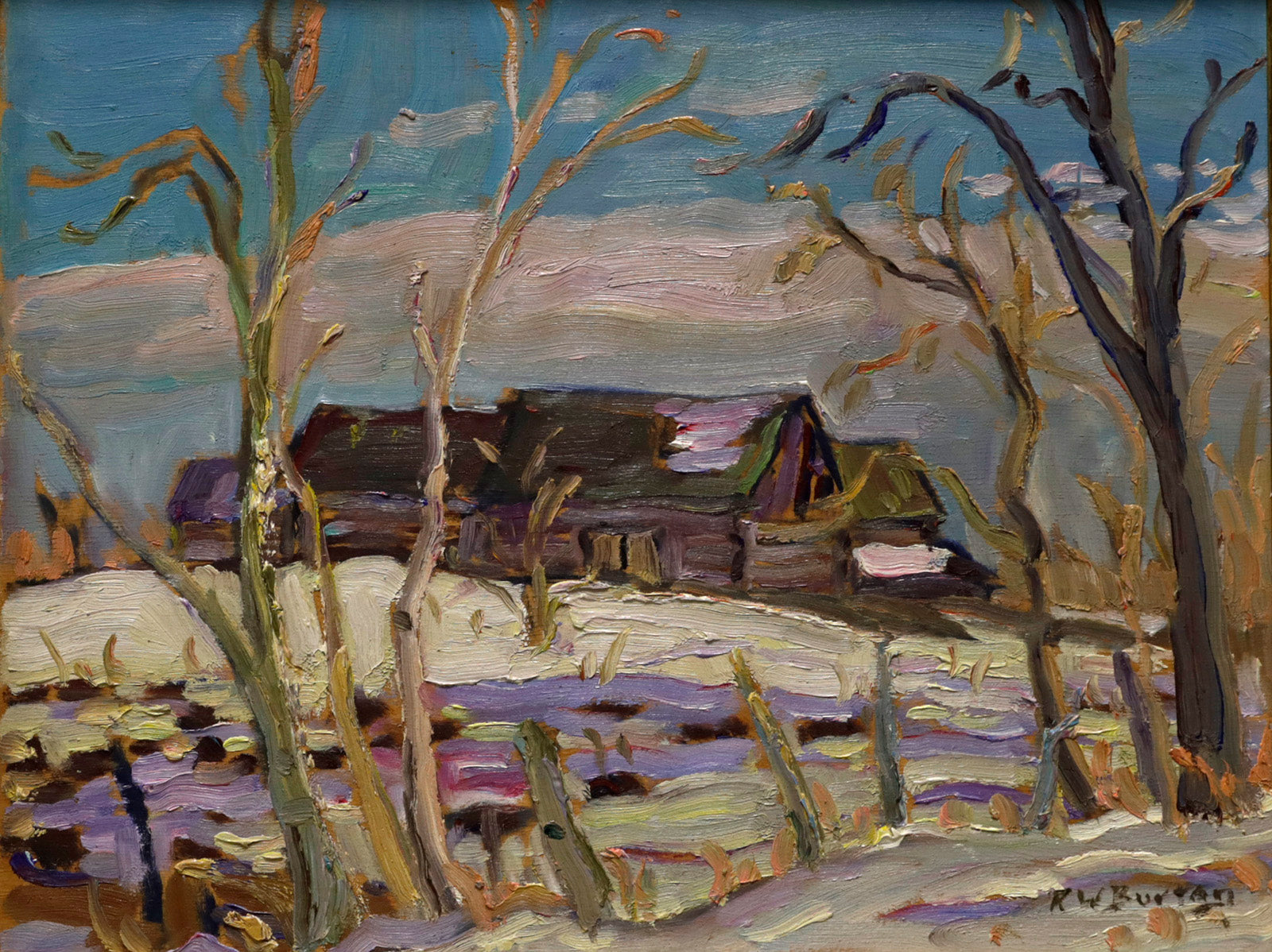 Landscape “Barns Near Richmond, Ontario” by Ralph Burton – oil on panel.