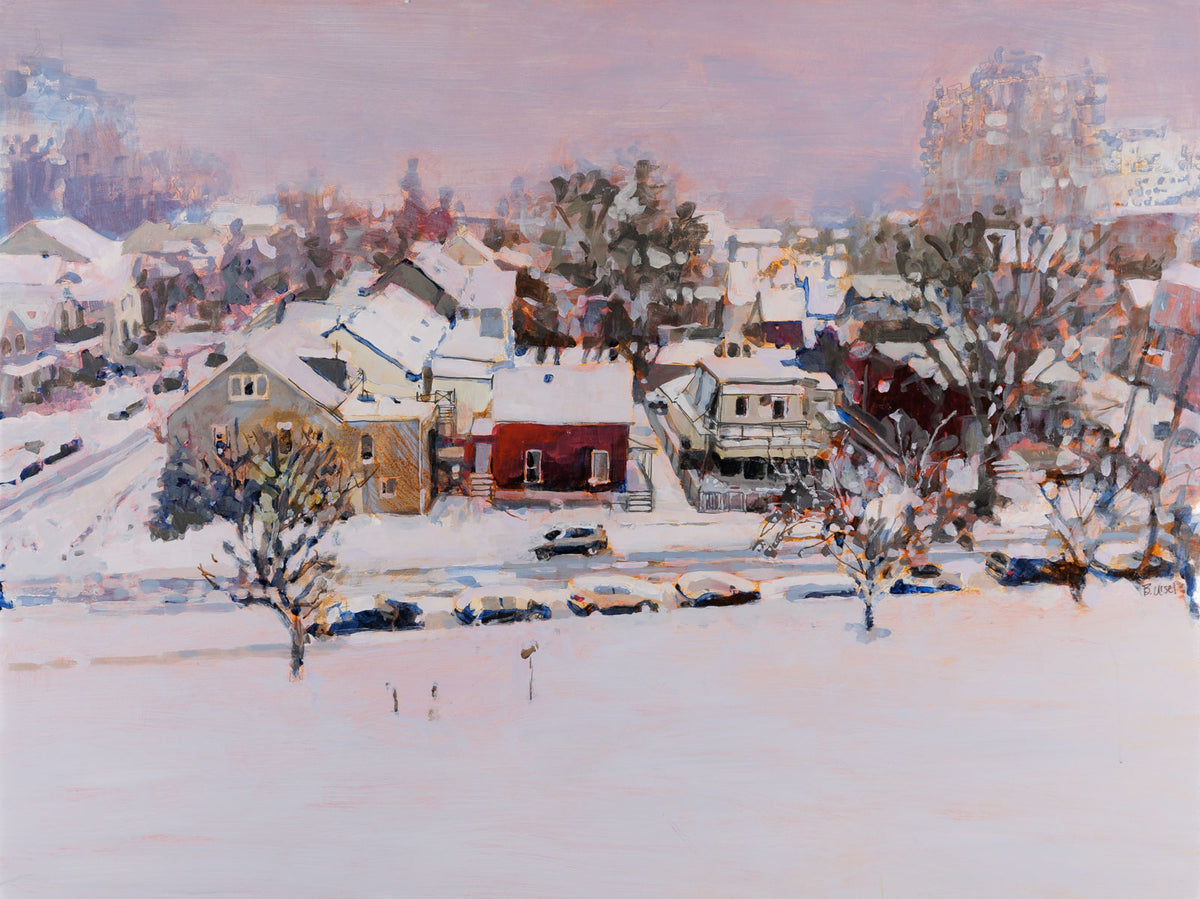 Barbara Ursel, "Beyond," acrylic on canvas, 36 x 48 in, contemporary cityscape painting, unframed canvas