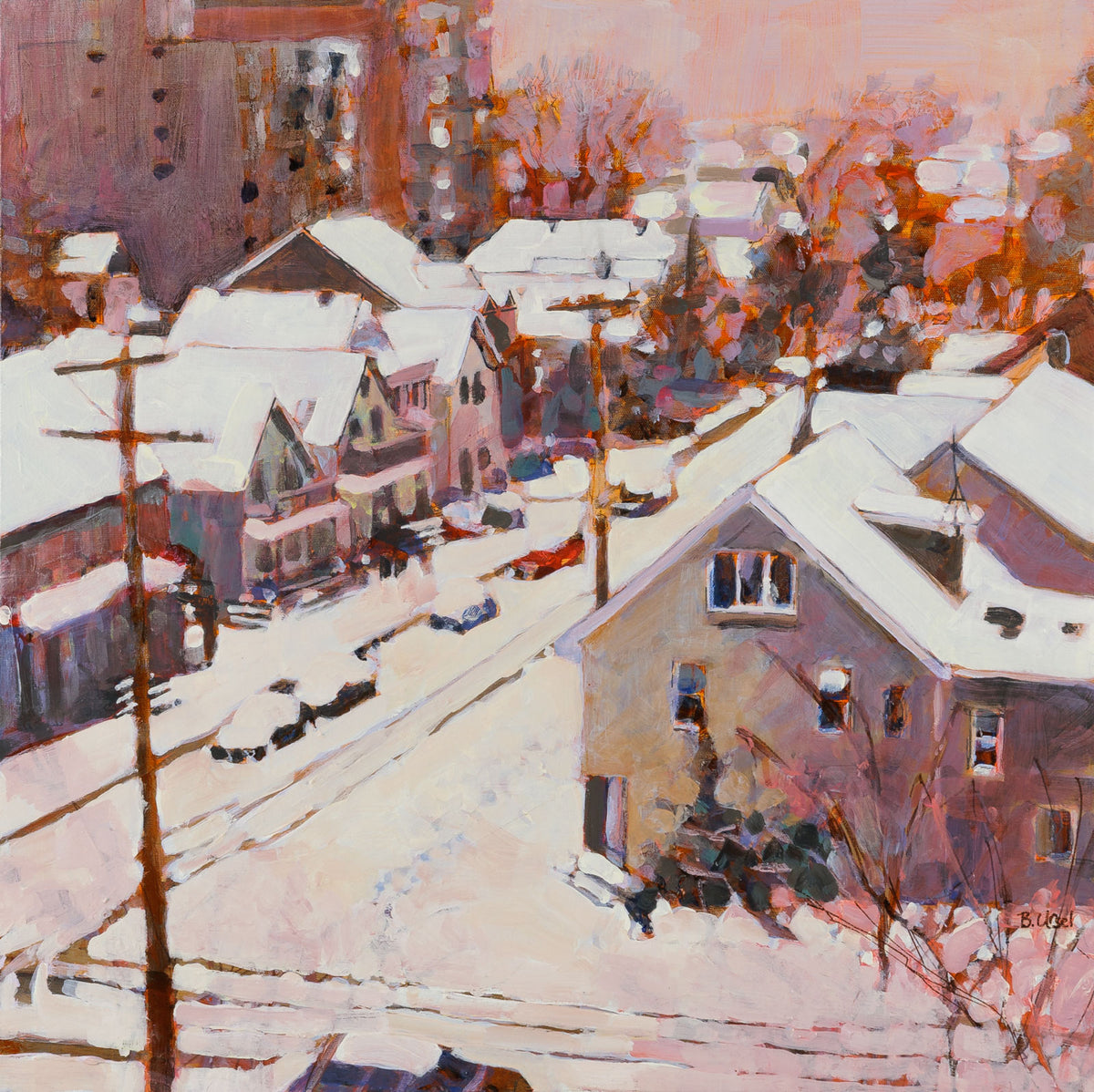 Barbara Ursel, "Winter Afternoon, Cambridge and Primrose," acrylic on canvas, 24 x 24 in, contemporary cityscape painting with houses and street, framed
