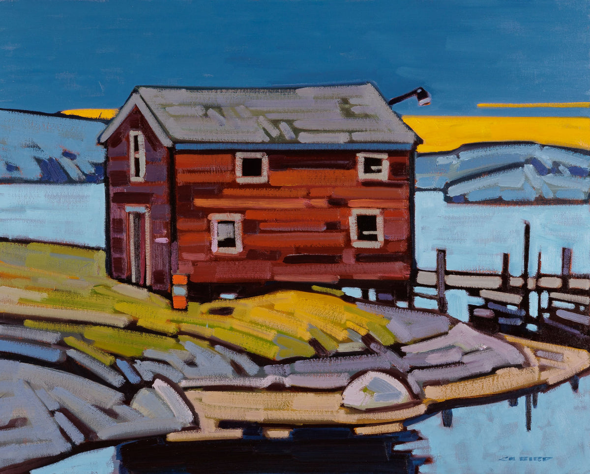 Cameron Bird, "Quiet Mornings Lunenburg," oil on canvas, 24 x 30 in, contemporary landscape painting, framed