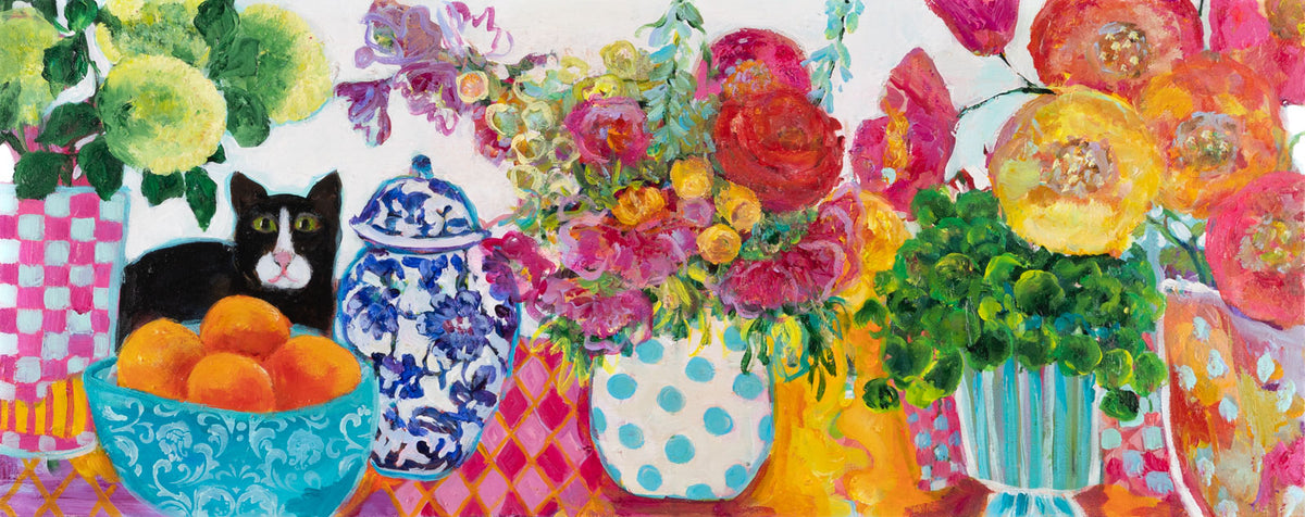 Cynthia Gatien, "There You Are," acrylic on canvas, 16 x 40 in, Contemporary interior painting with cat and table flowers