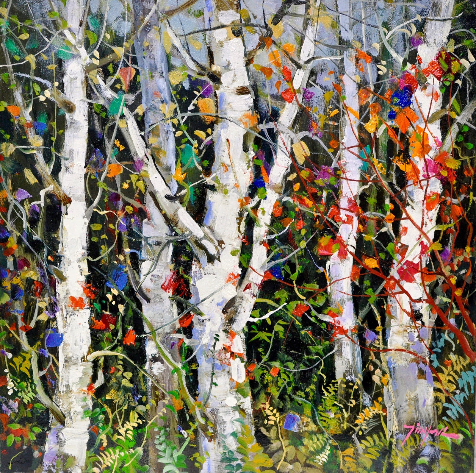 Landscape “Birch Trees In Autumn” by Tin Yan Chan – oil on canvas.