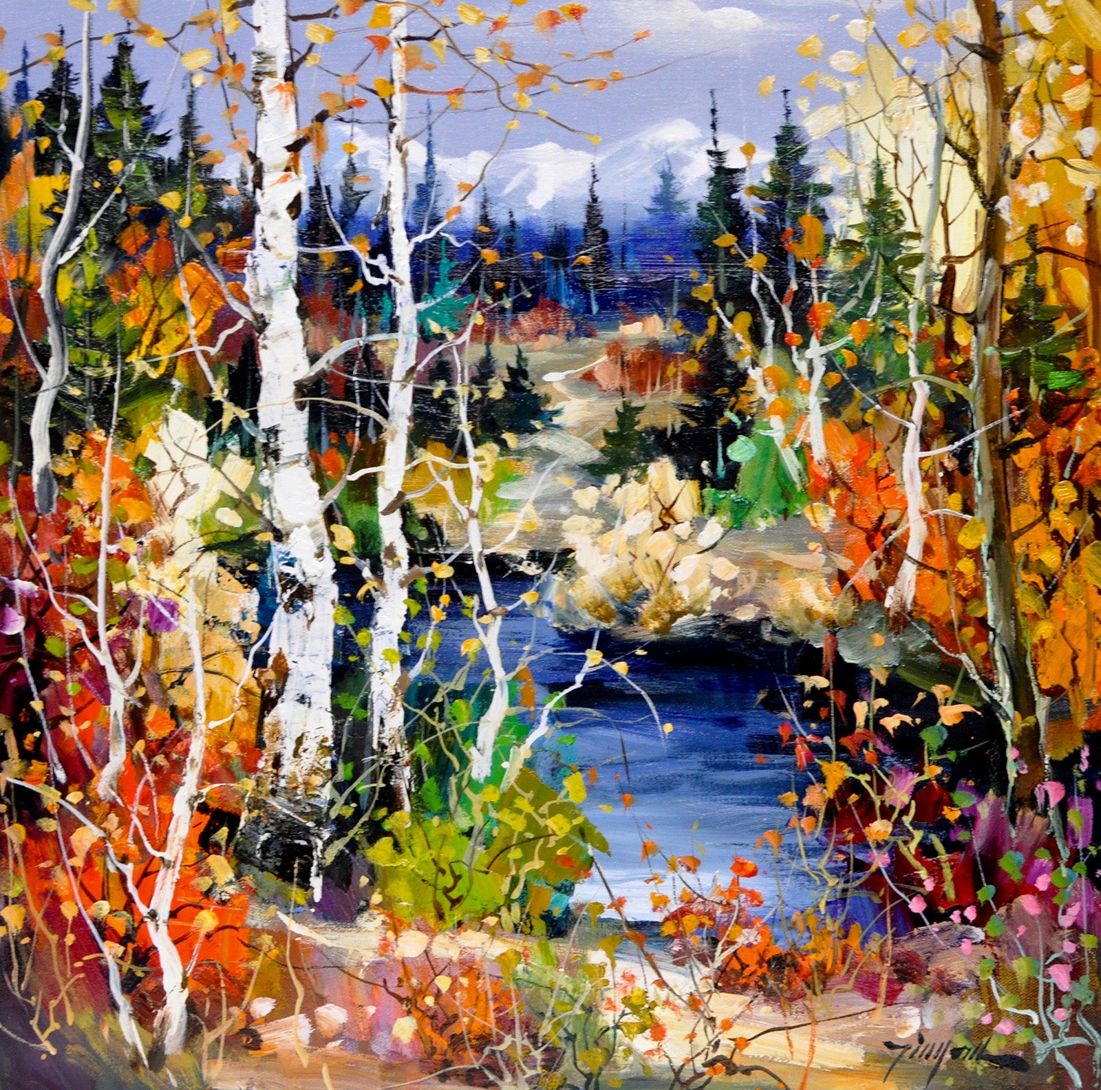 Landscape “Autumn Serenade” by Tin Yan Chan – oil on canvas.