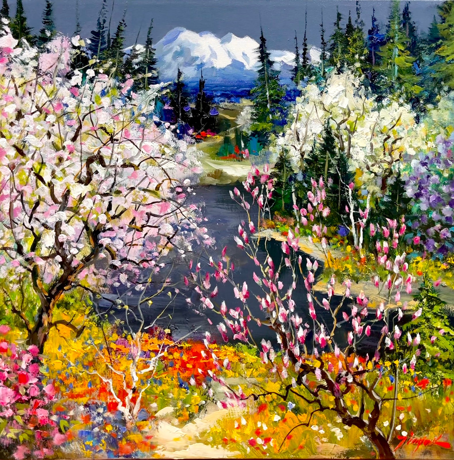 Landscape “Celebration Of Spring” by Tin Yan Chan – oil on canvas.