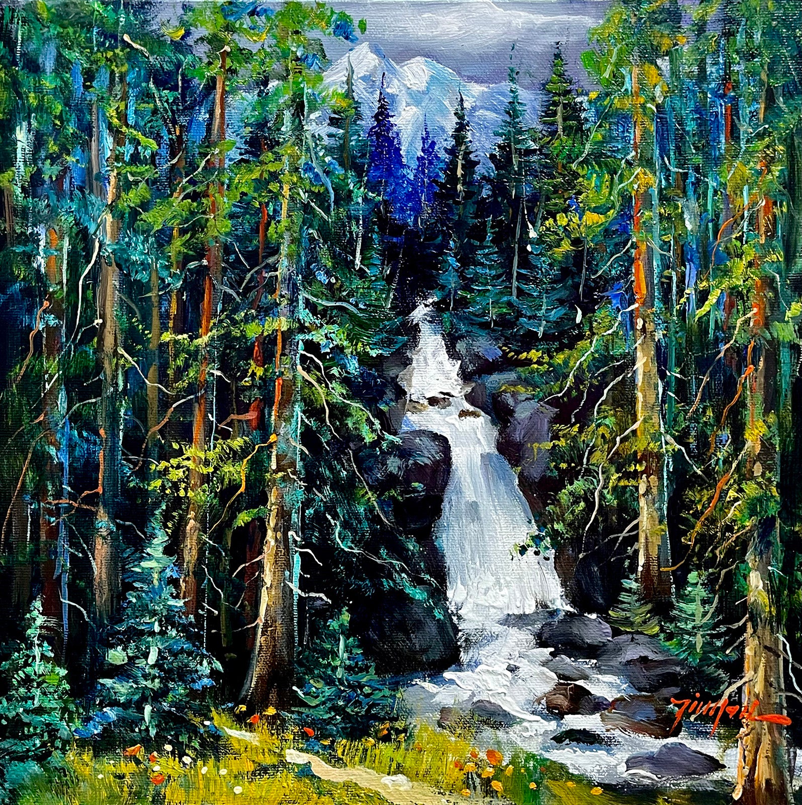 Landscape “Waterfall In The Forest” by Tin Yan Chan – oil on canvas.