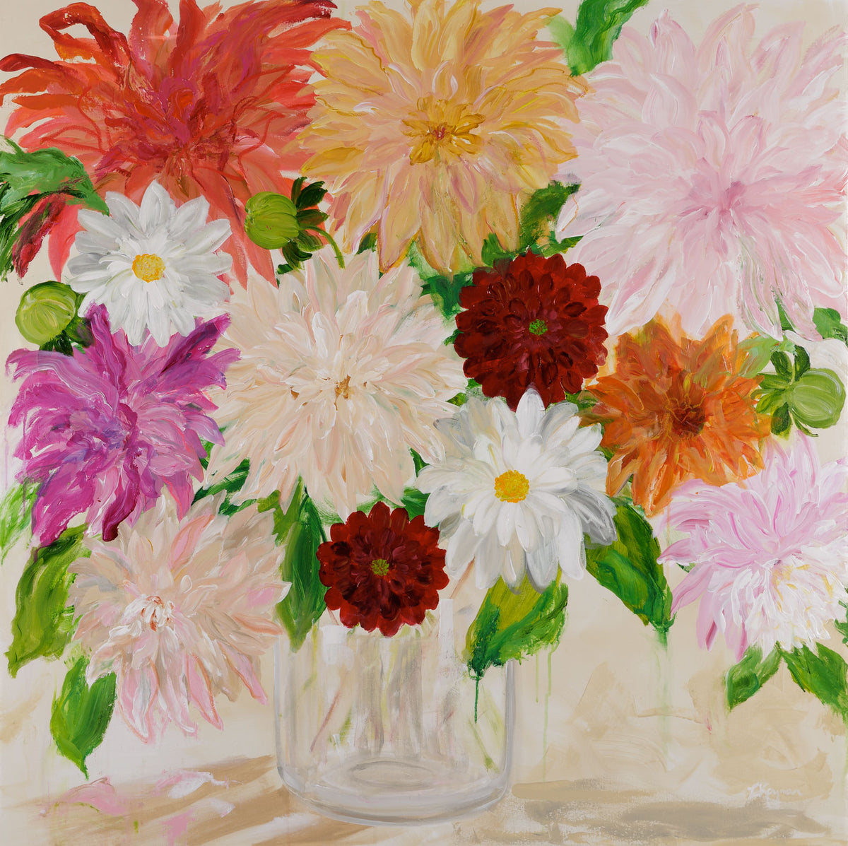 Caroline Koyman, "Cafe Au Lait," acrylic on canvas, 48 x 48 in, contemporary floral painting, unframed canvas