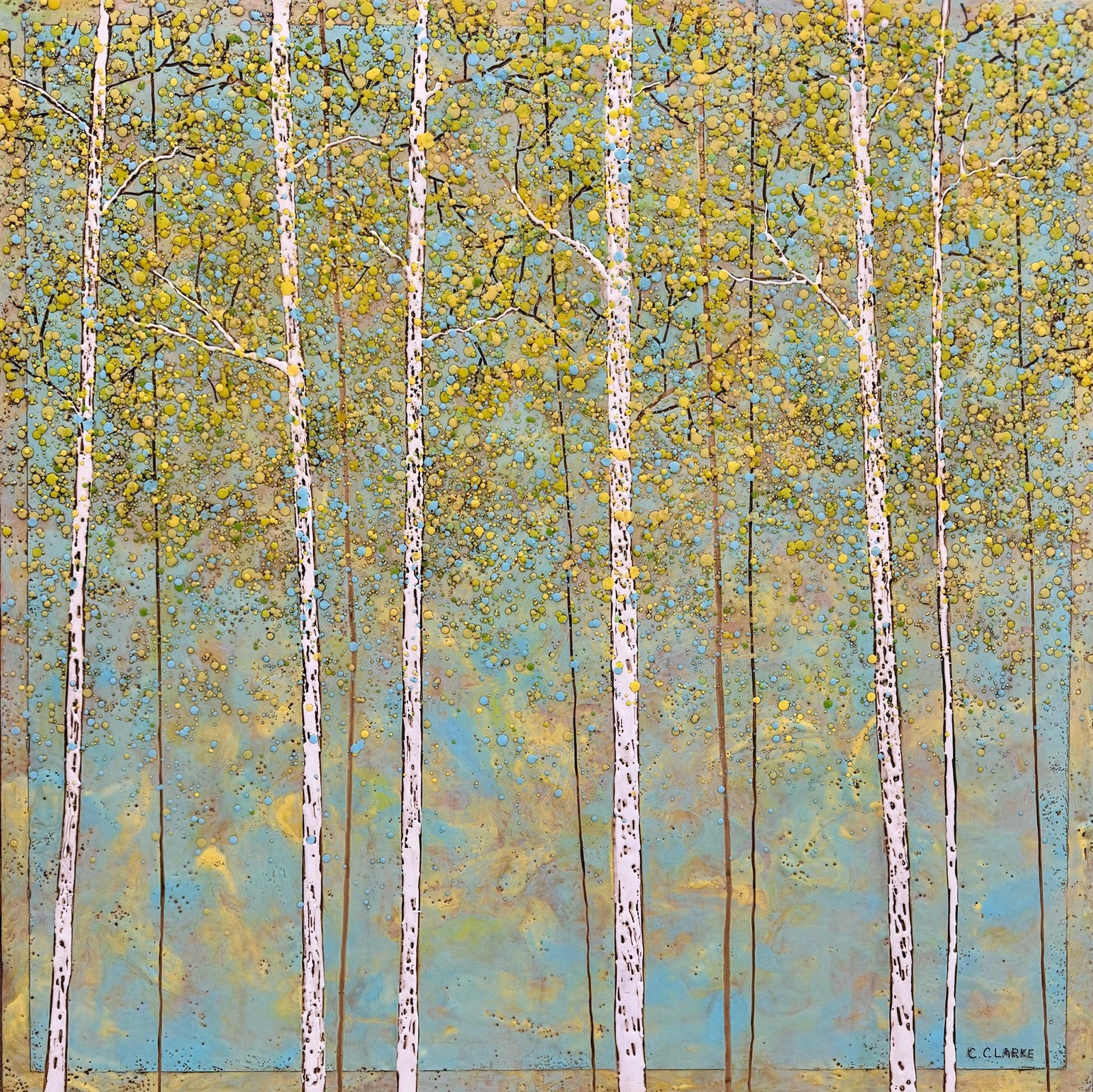 Landscape “New Beginnings” by Catharine Clarke – encaustic on panel.