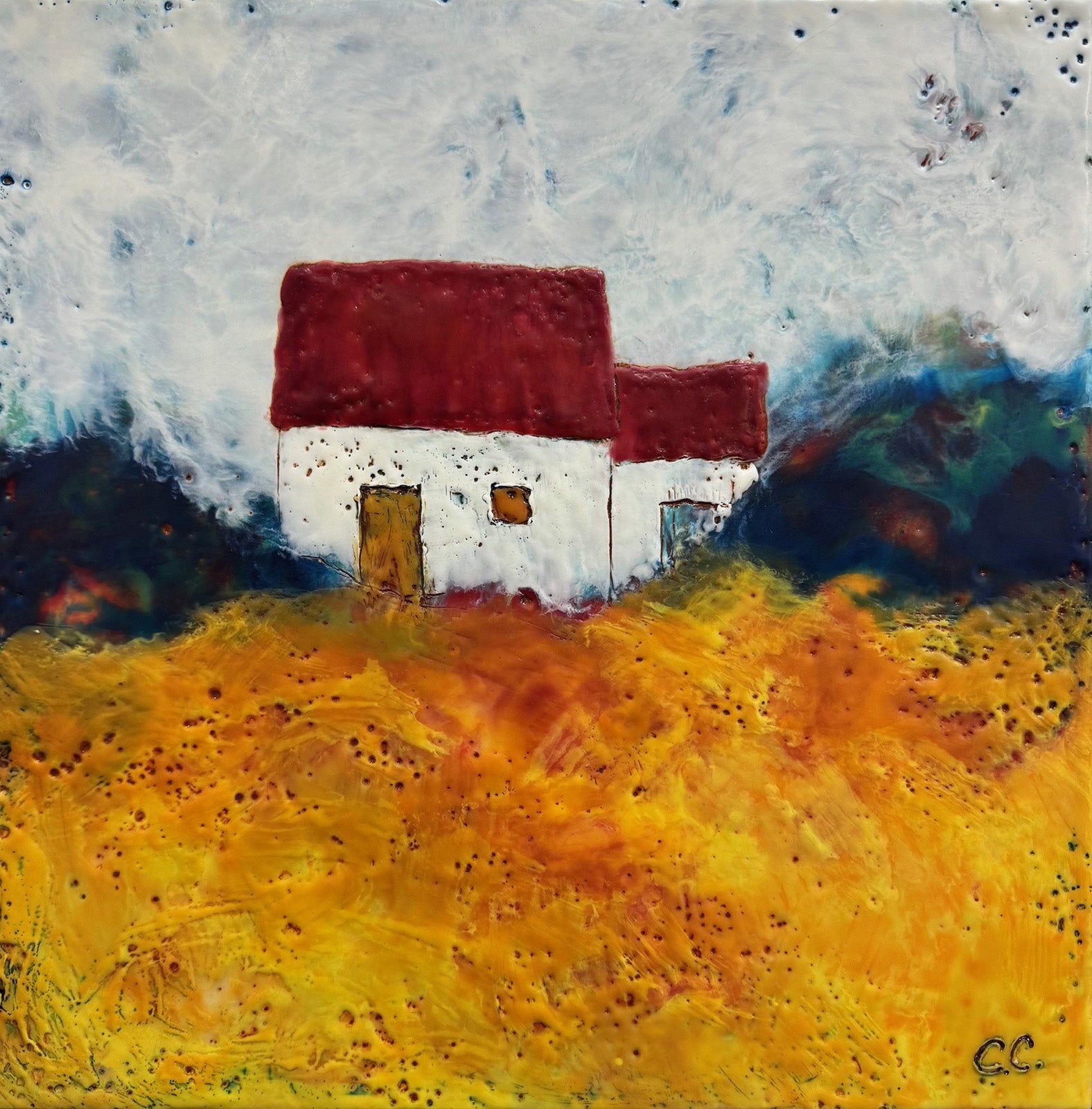 Landscape “Overgrown” by Catharine Clarke – encaustic on panel.