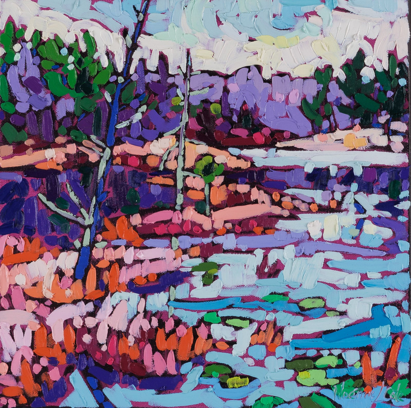 Colorful abstract painting of forest, river, and mountains with various shapes and patterns