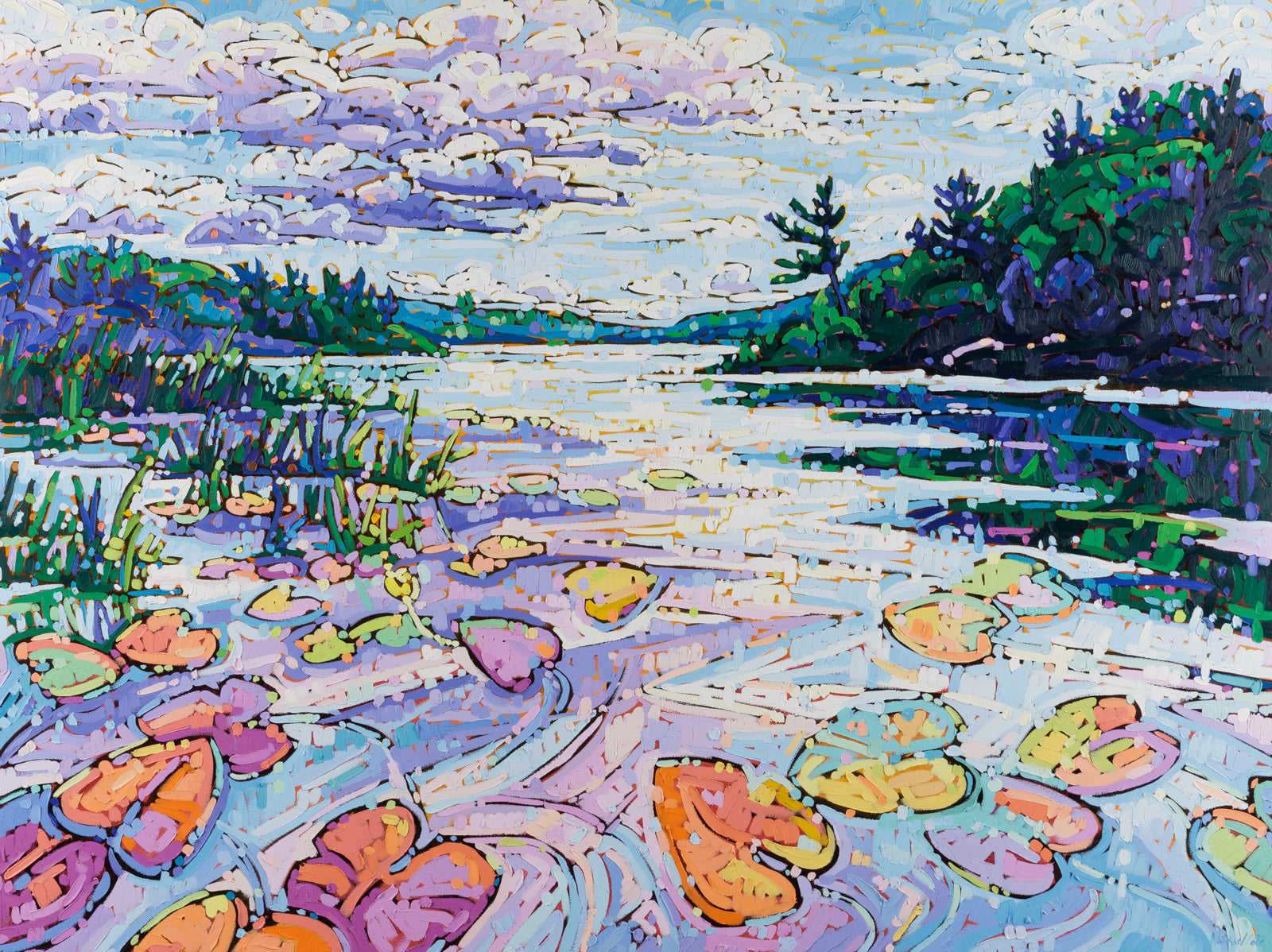 Colorful painting of a lake with lily pads and trees
