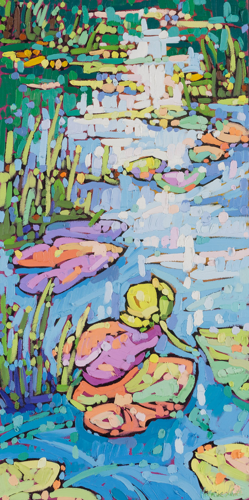 Colorful abstract artwork of lily pads in a pond