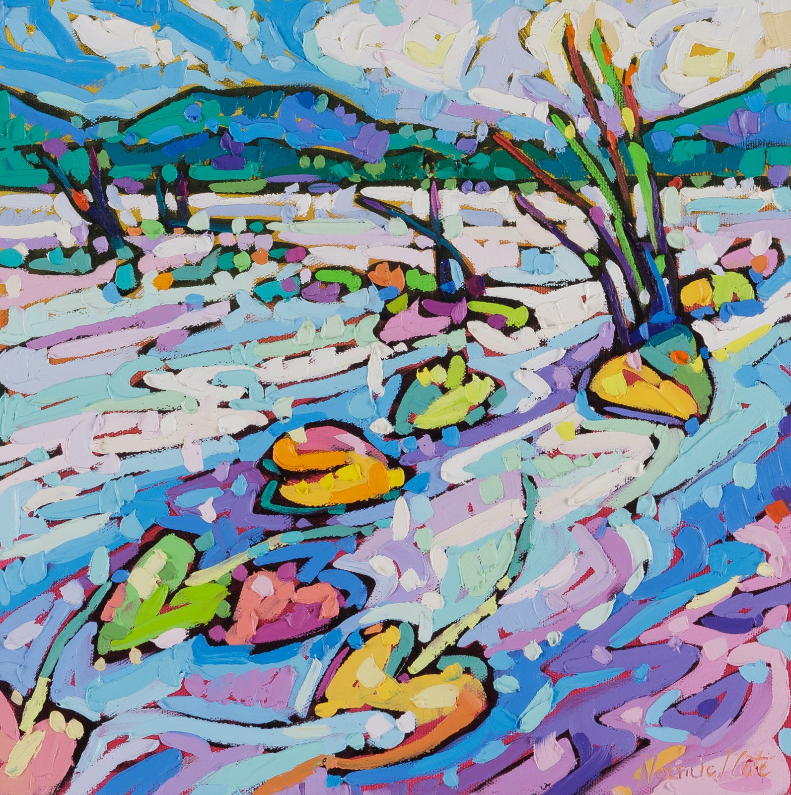 Colorful abstract painting of a landscape with trees and flowers.