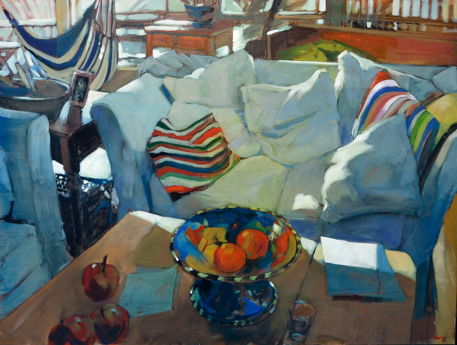 Interiors “Couch & Striped Pillows” by Philip Craig – oil on canvas.