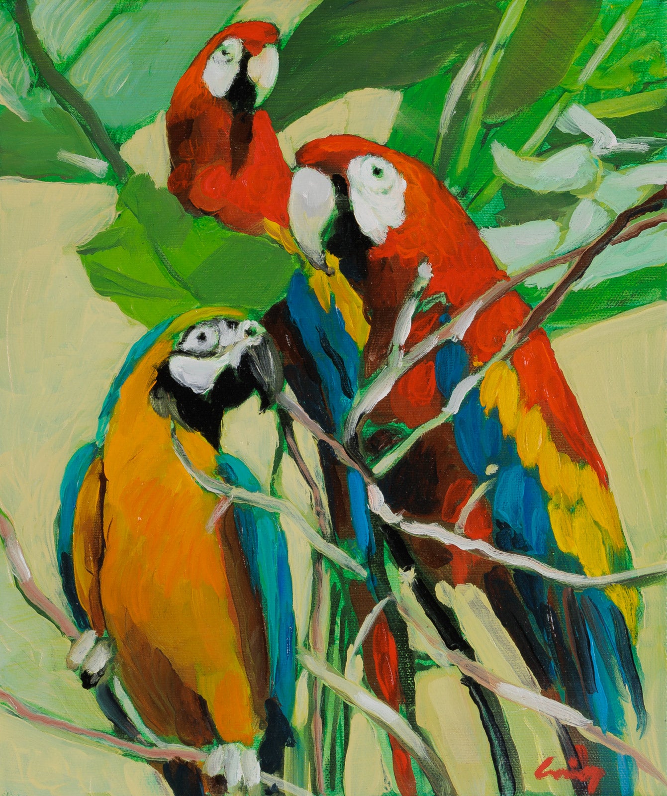 Colorful painting of three parrots perched on branches with a green leafy background.