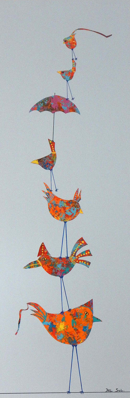 Birds “Funky Birds CXVI: Rainy Day” by Cristina Del Sol – mixed media on panel.