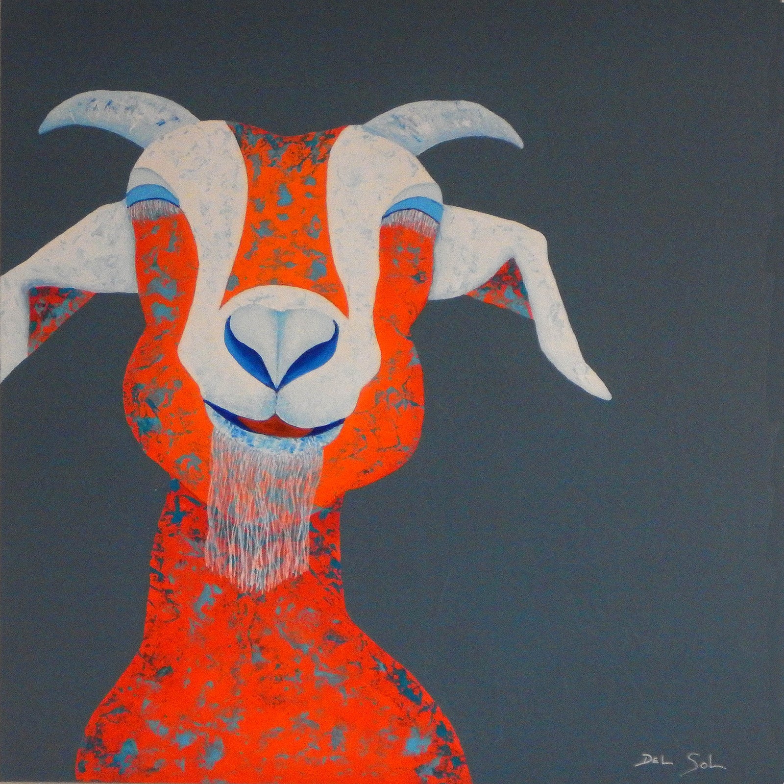 Animals “Joyous Goatee” by Cristina Del Sol – mixed media on panel.