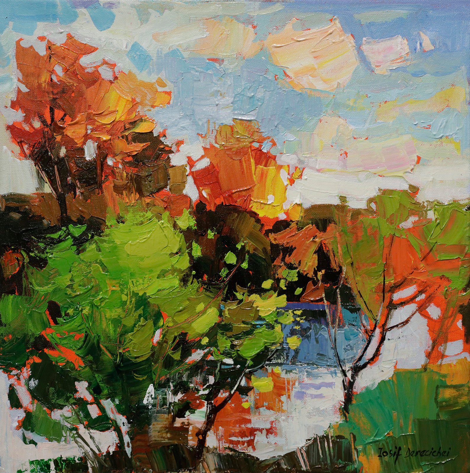 Landscape “Watching The Leaves Turn Orange” by Iosif Derecichei – acrylic on canvas.