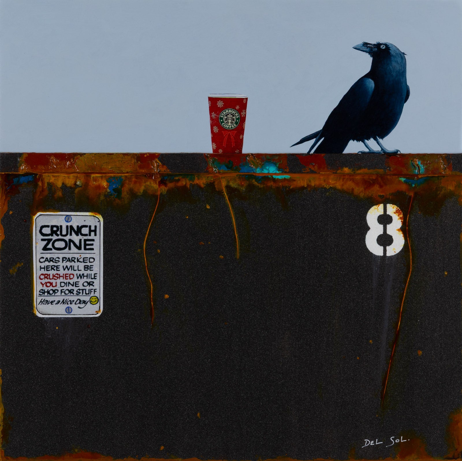 Birds “Dumpster Diving CX: I Run For Coffee” by Cristina Del Sol – mixed media on panel.