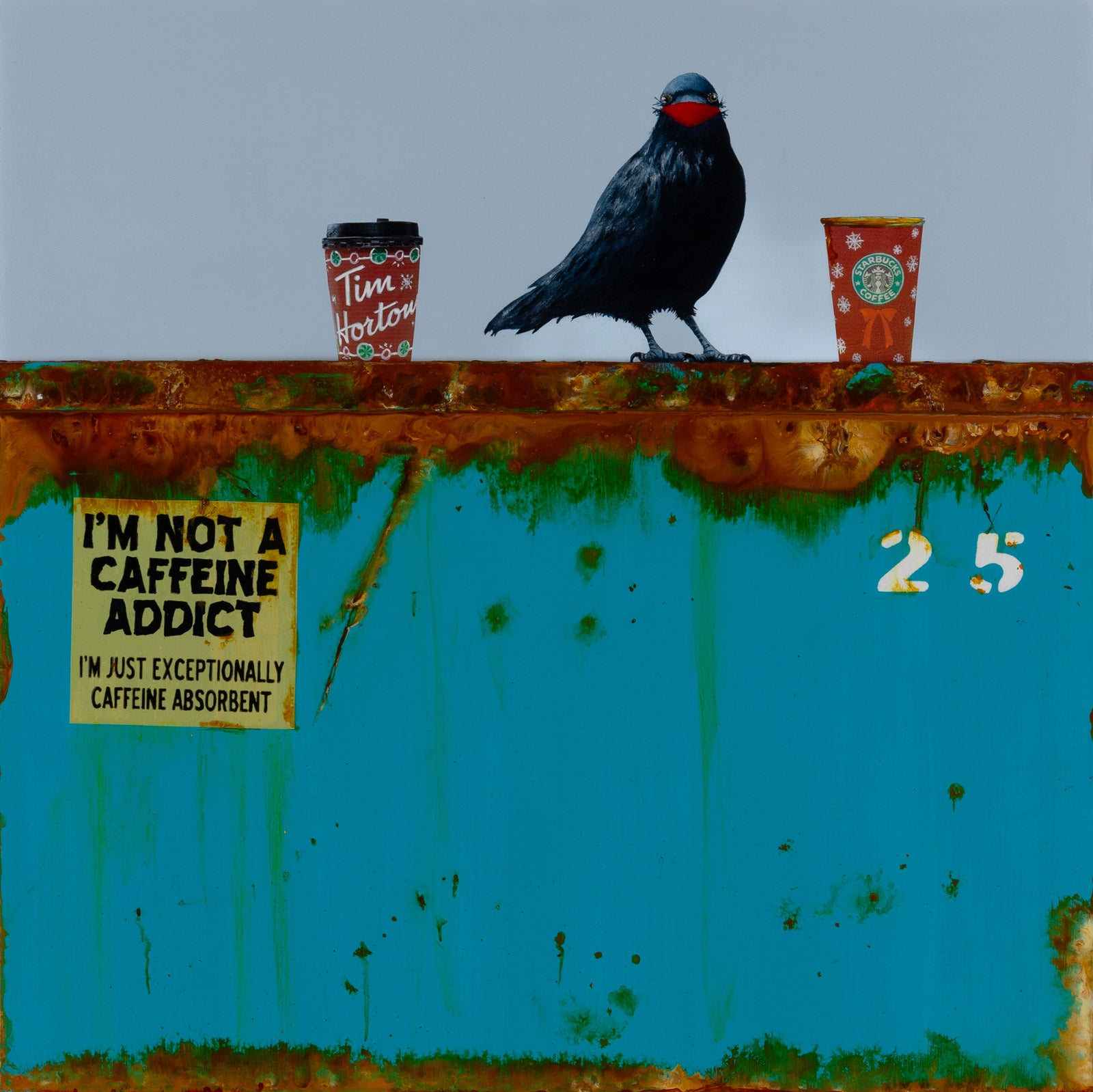 Birds “Dumpster Diving XCVIII: Eany, Meany, Miny, Moe” by Cristina Del Sol – mixed media on panel.
