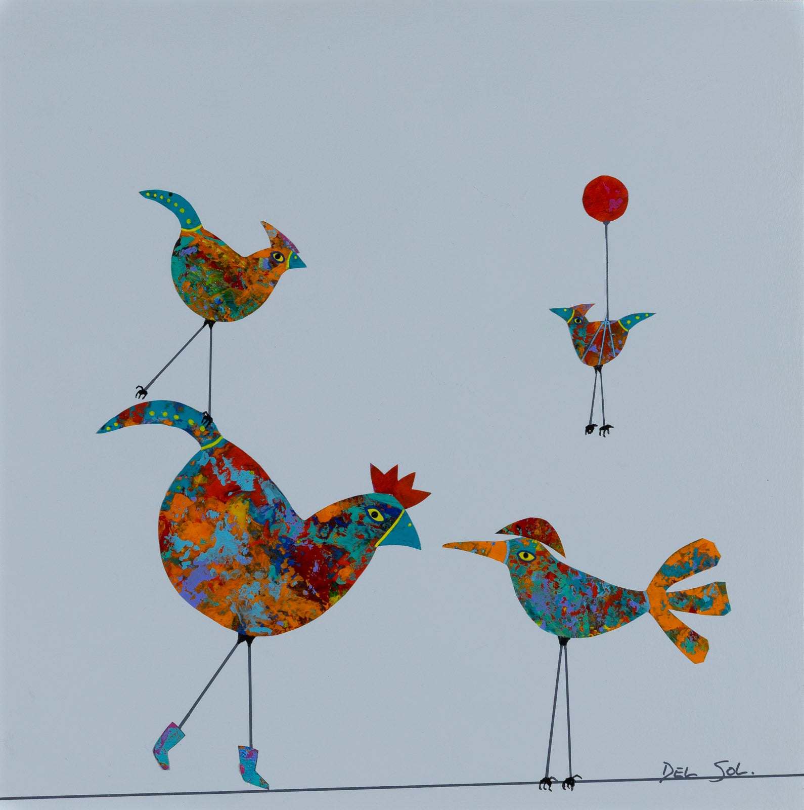 Birds “Funky Birds LXXXI: Hot Air Ballooning” by Cristina Del Sol – mixed media on panel.