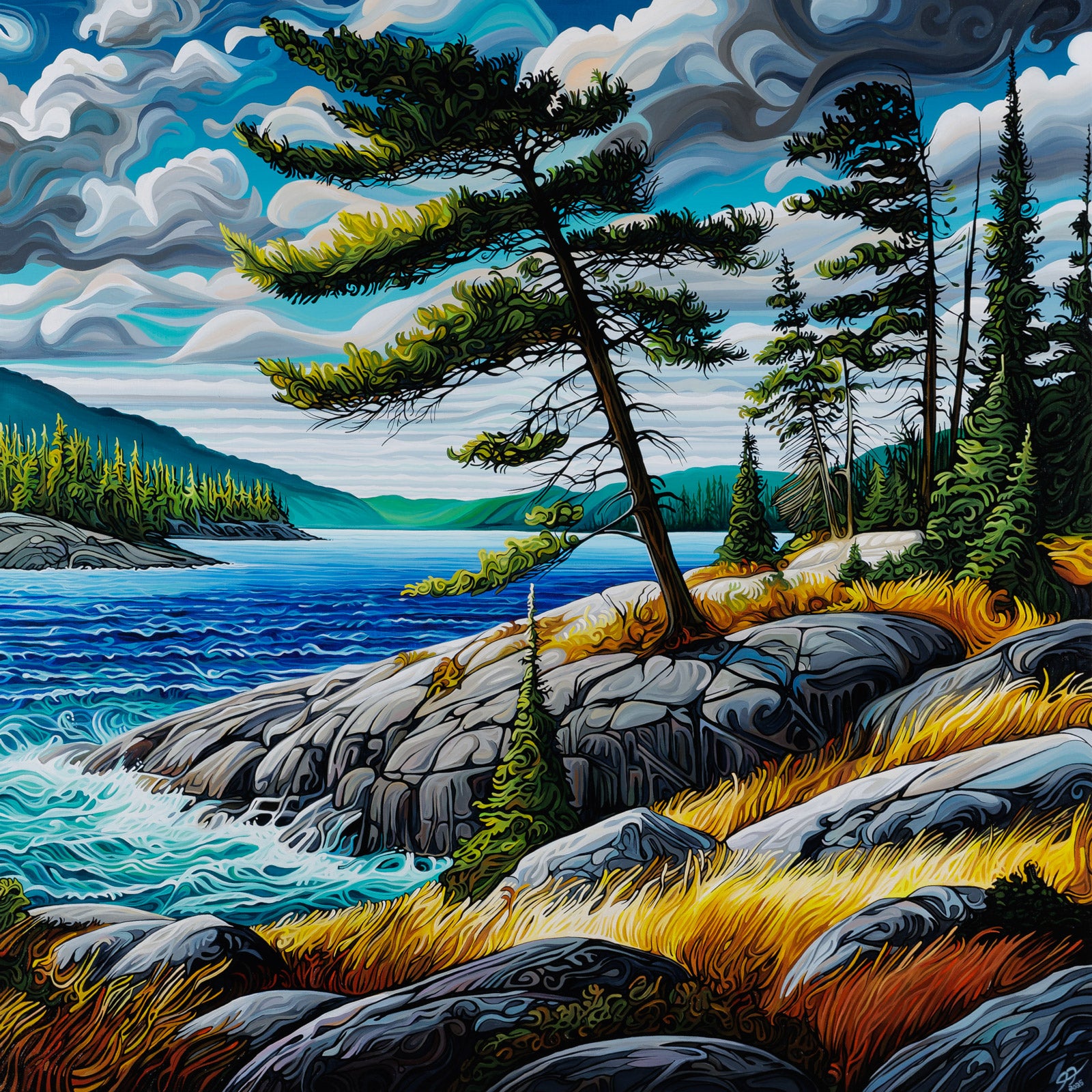 Painting of a serene landscape with trees, rocks, and water under a cloudy sky.