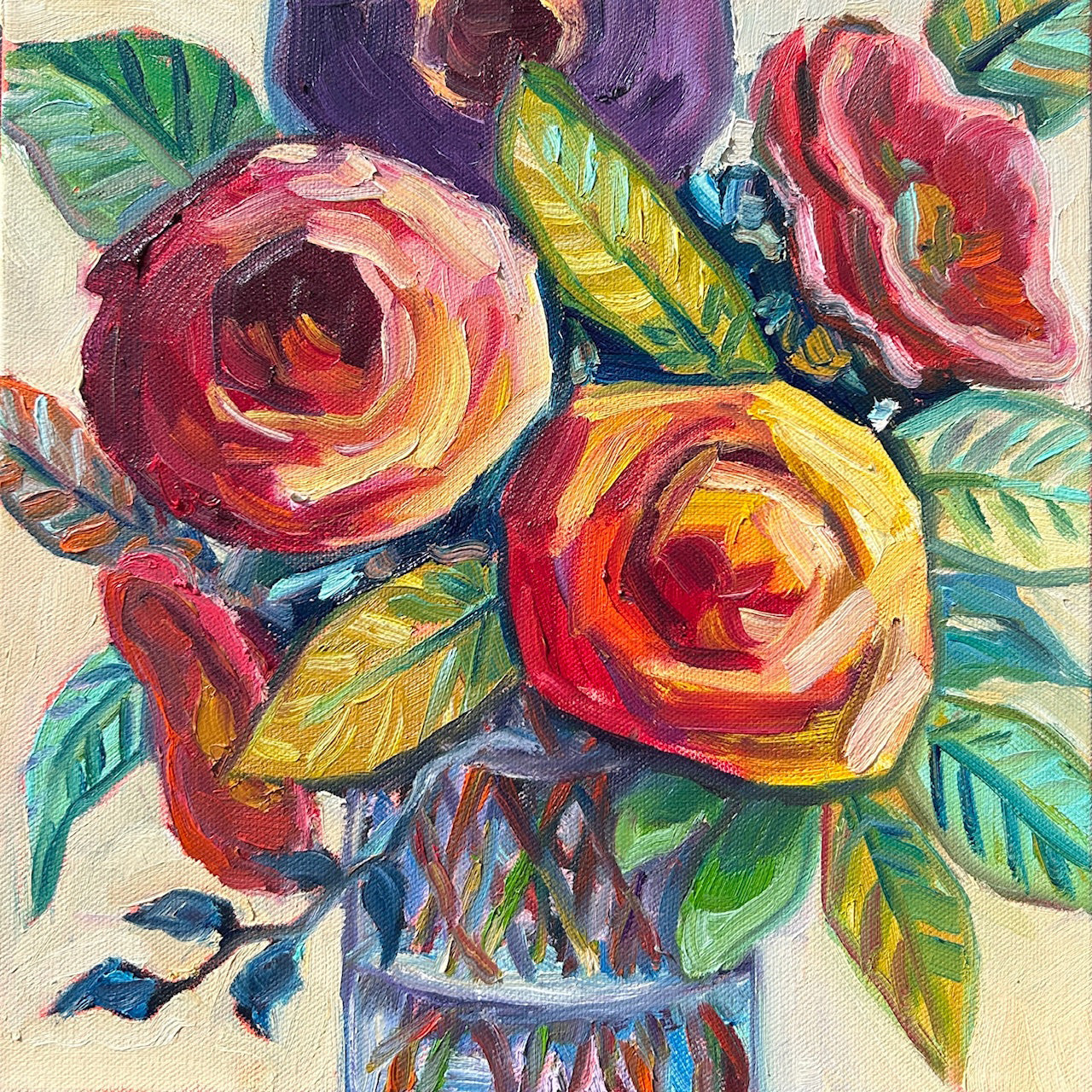 Floral “Blooms” by Vanessa Drew – oil on canvas.