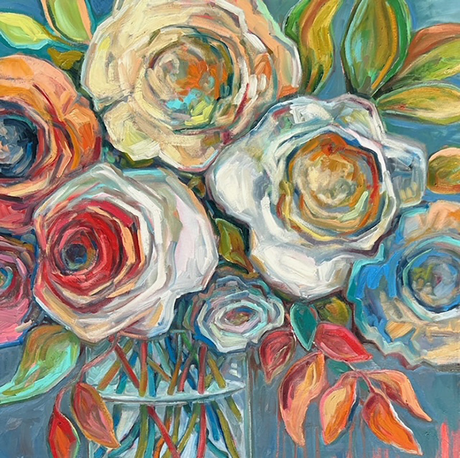 Floral “Blue Fridays” by Vanessa Drew – oil on canvas.