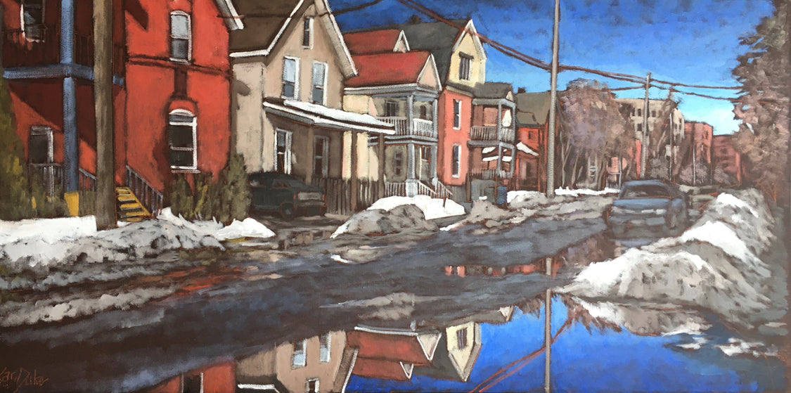 Cityscape “March Melt, Kent St, Ottawa” by Kari Duke – oil on canvas.