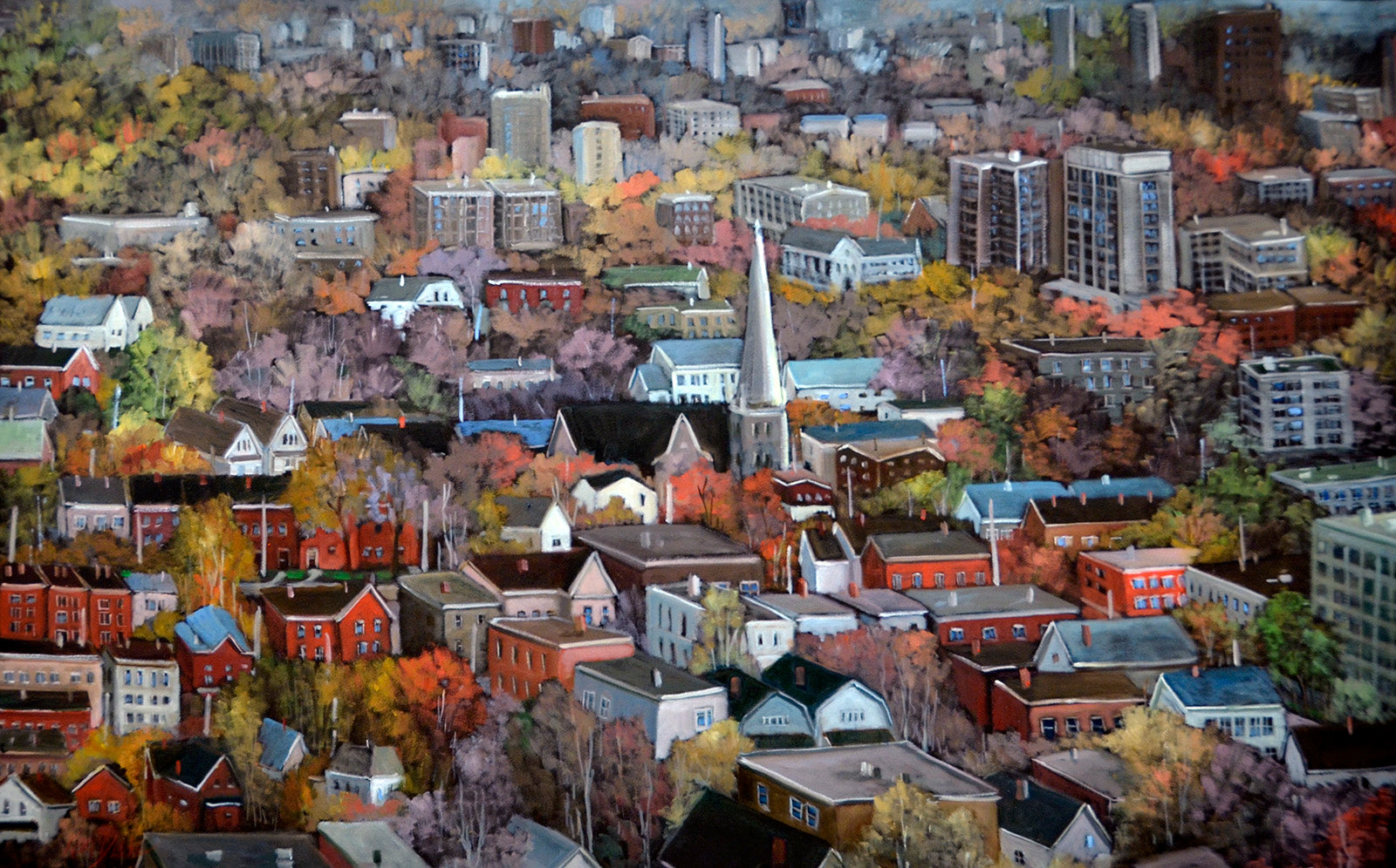 Cityscape “Peace Tower Church” by Kari Duke – oil on canvas.