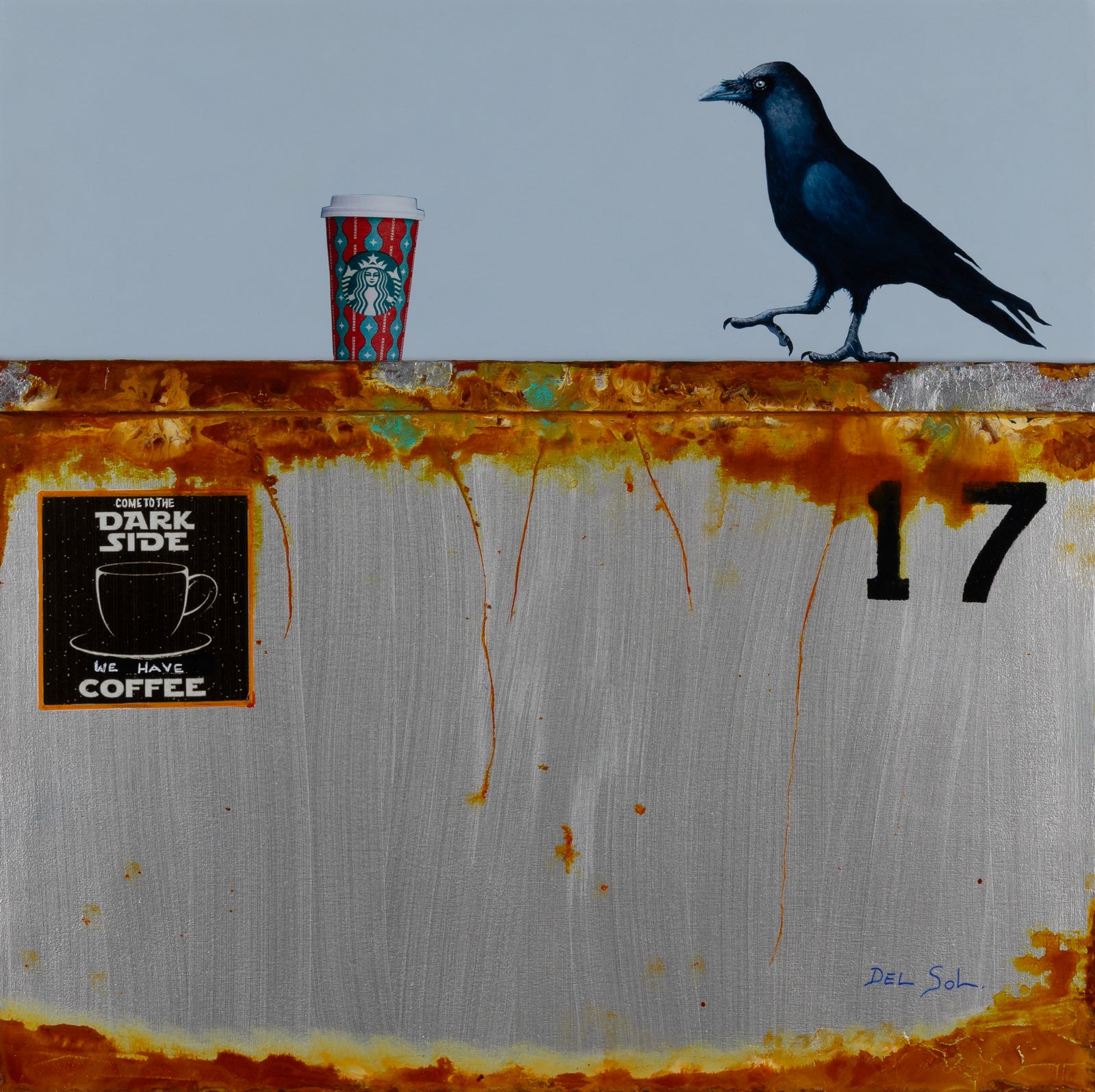 Birds “Dumpster Diving CXIIII: The Coffee Enthusiast” by Cristina Del Sol – mixed media on panel.