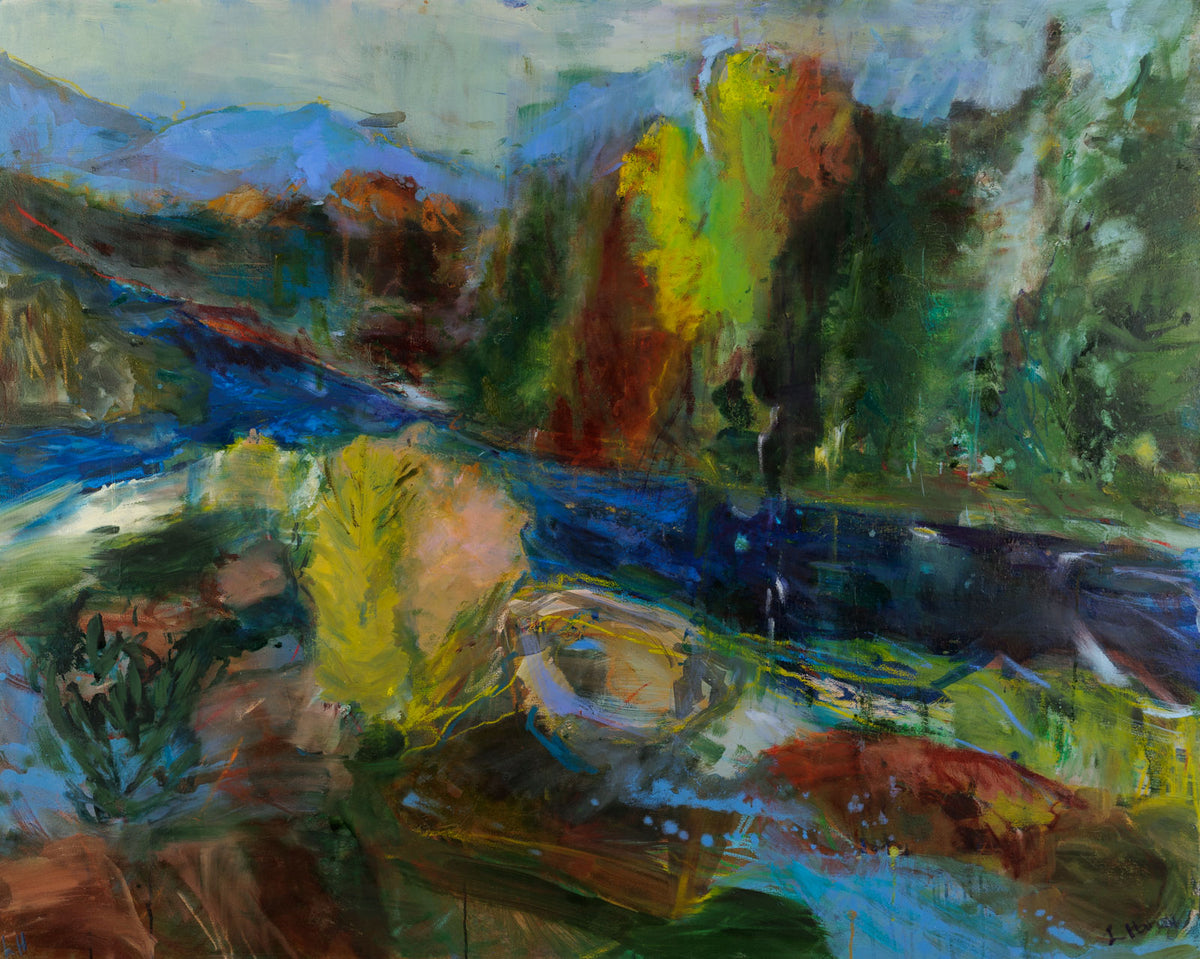 Elizabeth Haney, "Sacramento River," oil on canvas, 48 x 68 in, abstract landscape painting, unframed canvas