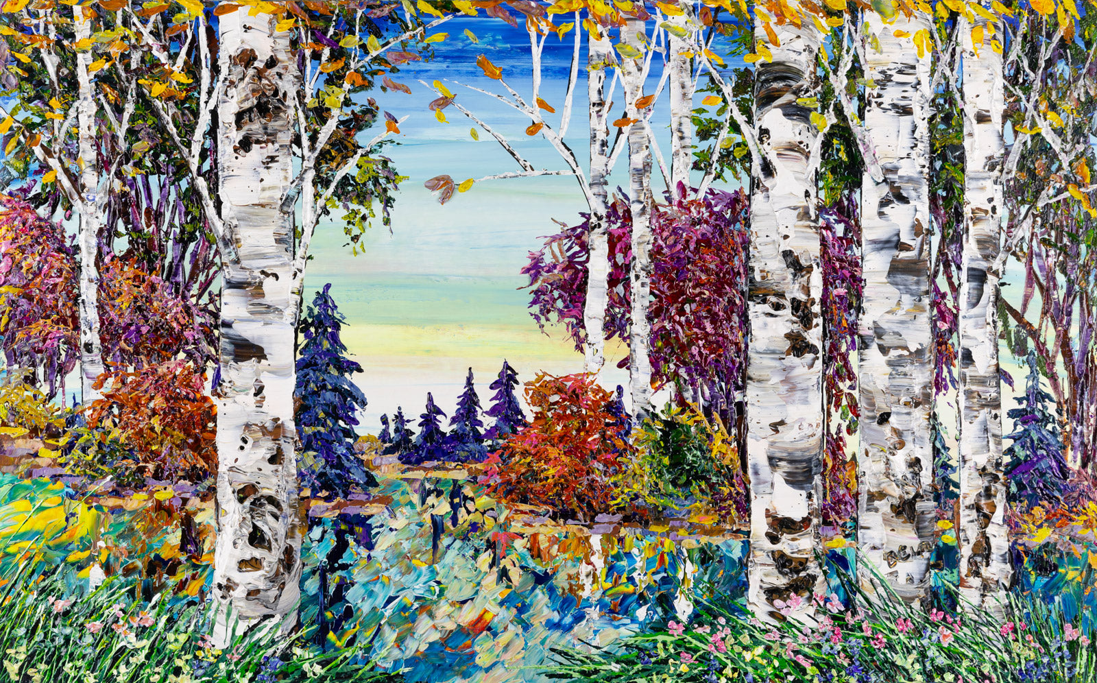 Landscape “Day Birch With Pines 192288” by Maya Eventov – acrylic on canvas.