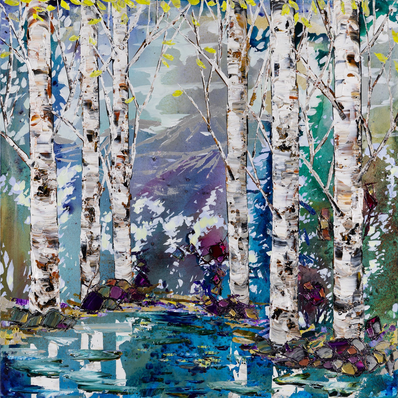 Landscape “Day Birches 192853” by Maya Eventov – acrylic on canvas.