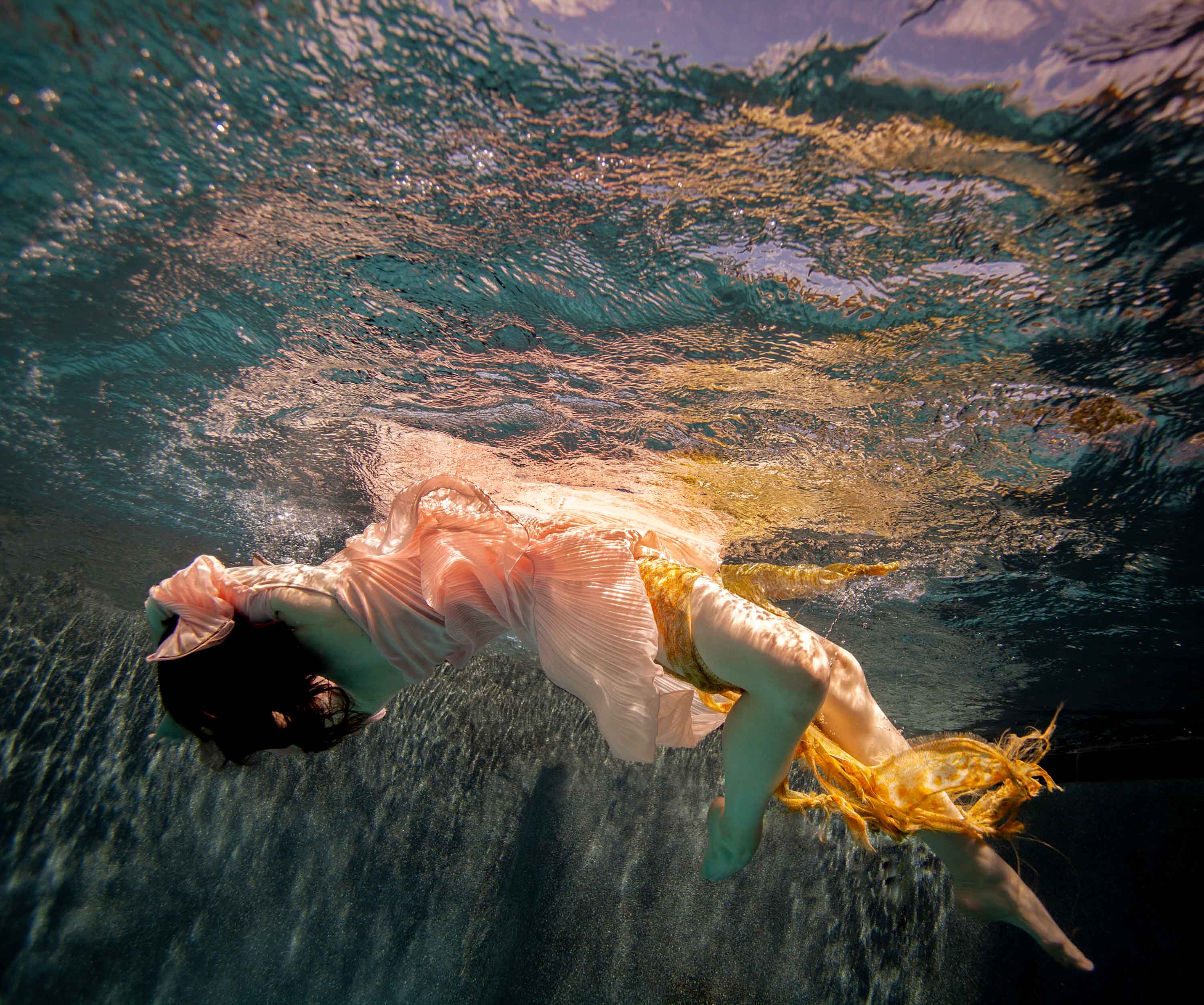 Alyssa Fortin, "Embracing The Current," digital print on paper, 30 x 40 in, figurative limited edition print with a woman floating in water, framed