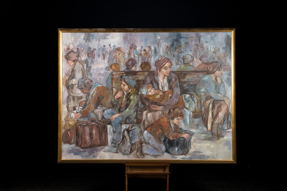 Eva Mosonyi, "Rosemere Quebec 1989," oil on canvas, 60 x 80 in, traditional figurative painting with mother and child, framed