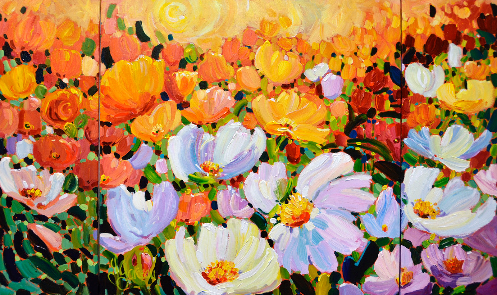Floral “Renaissance I, II, III Triptych” by Lynn Garceau – acrylic on canvas.