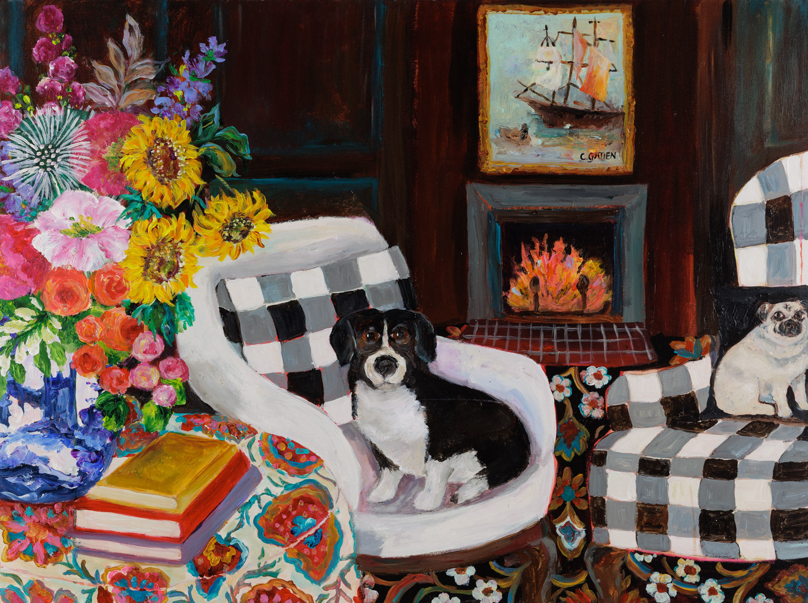 Interiors “Fancy Meeting You Here” by Cynthia Gatien – acrylic on canvas.