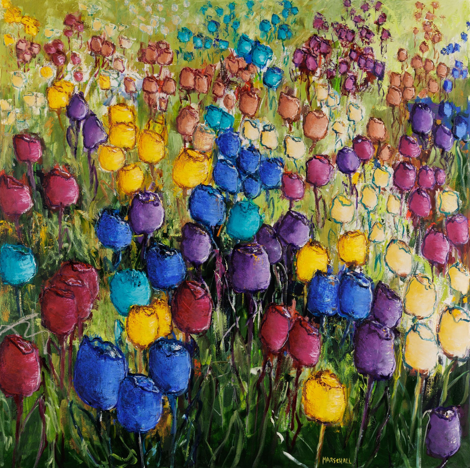 Gerda Marschall, "Stand By Me," oil on canvas, 48 x 48 in., exuberant floral painting, unframed