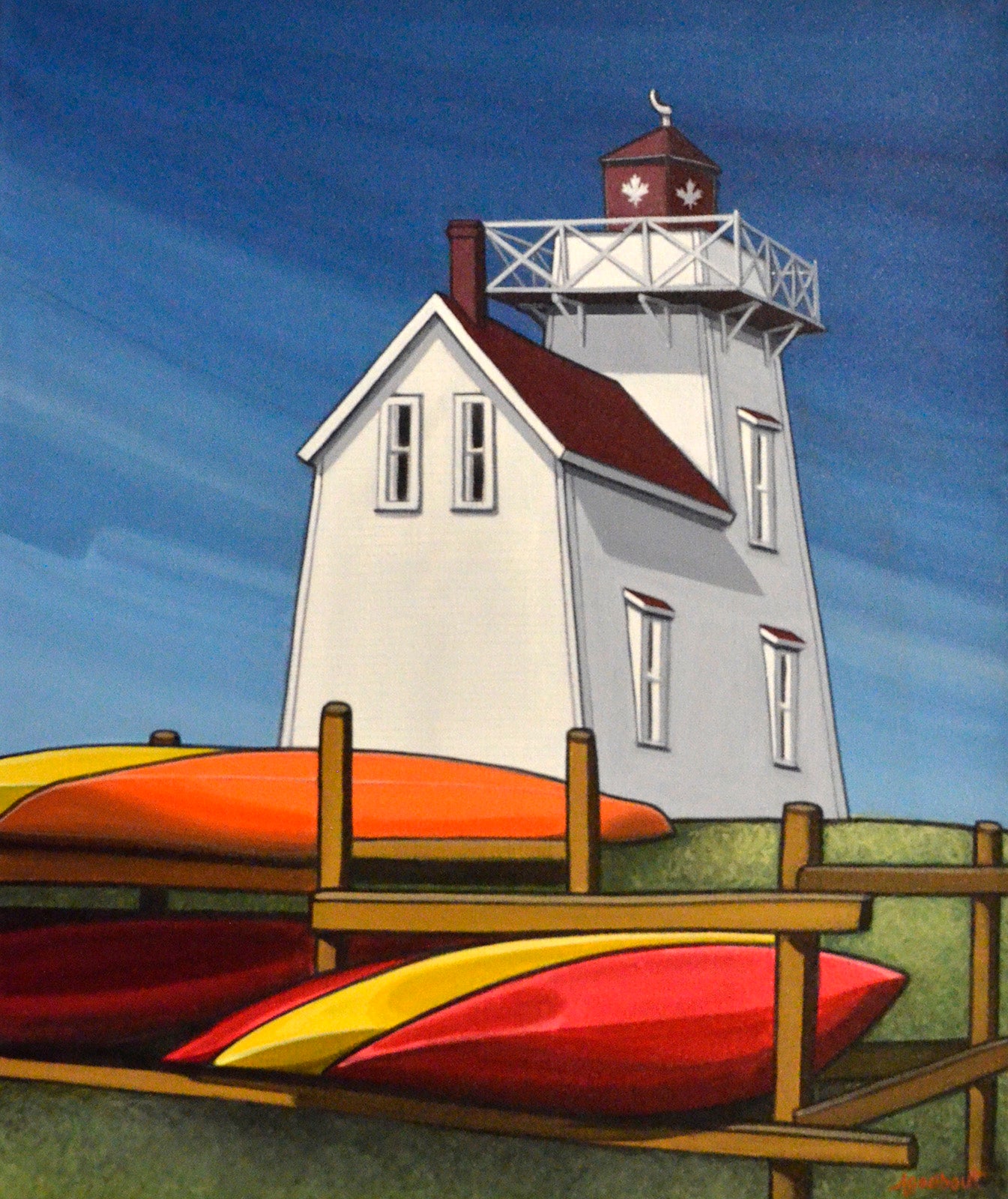Landscape “North Rustico Harbour Lighthouse” by Adrienne Godbout – acrylic on canvas.