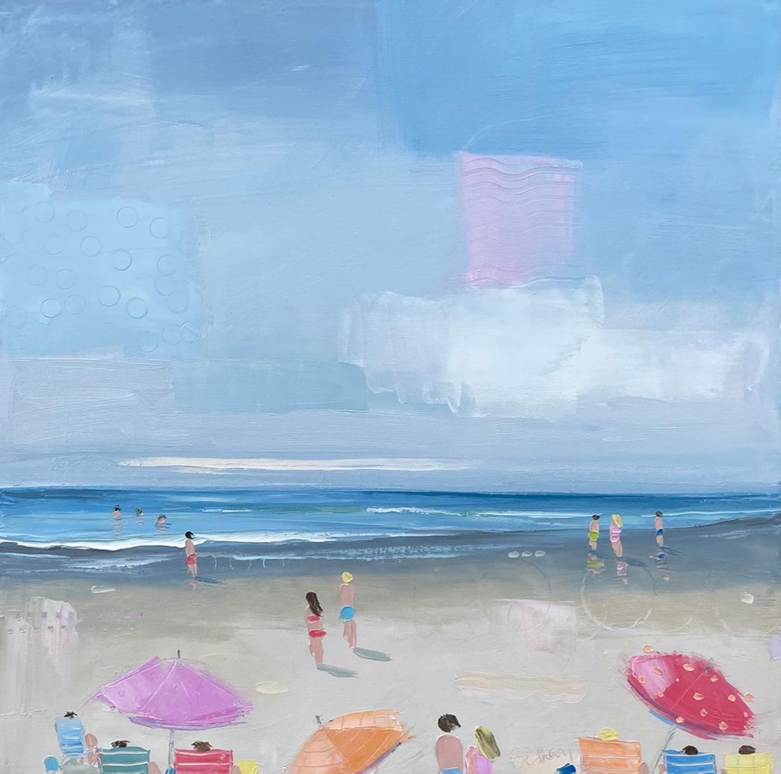 Seascape & Water “Three Beach Umbrellas” by Bethany Harper-Williams – oil on canvas.