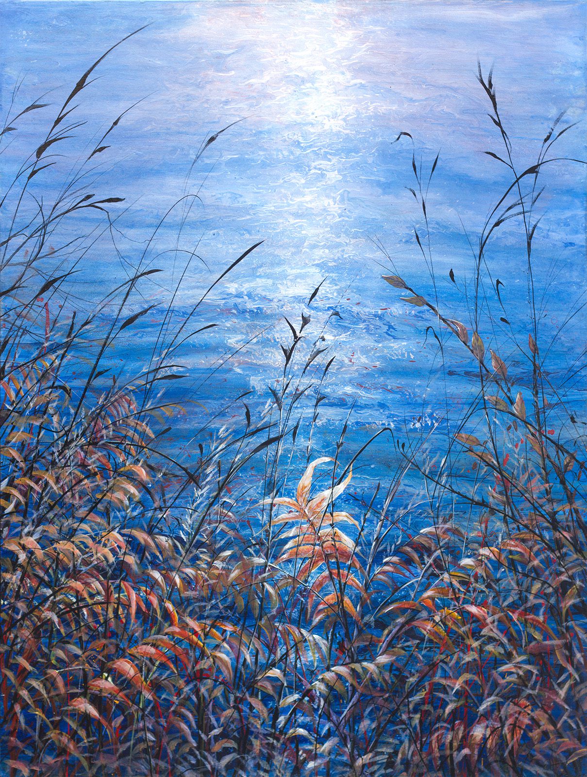 Seascape & Water “Humber Shore Sumac In The Sun” by Elva Hook – acrylic on canvas.