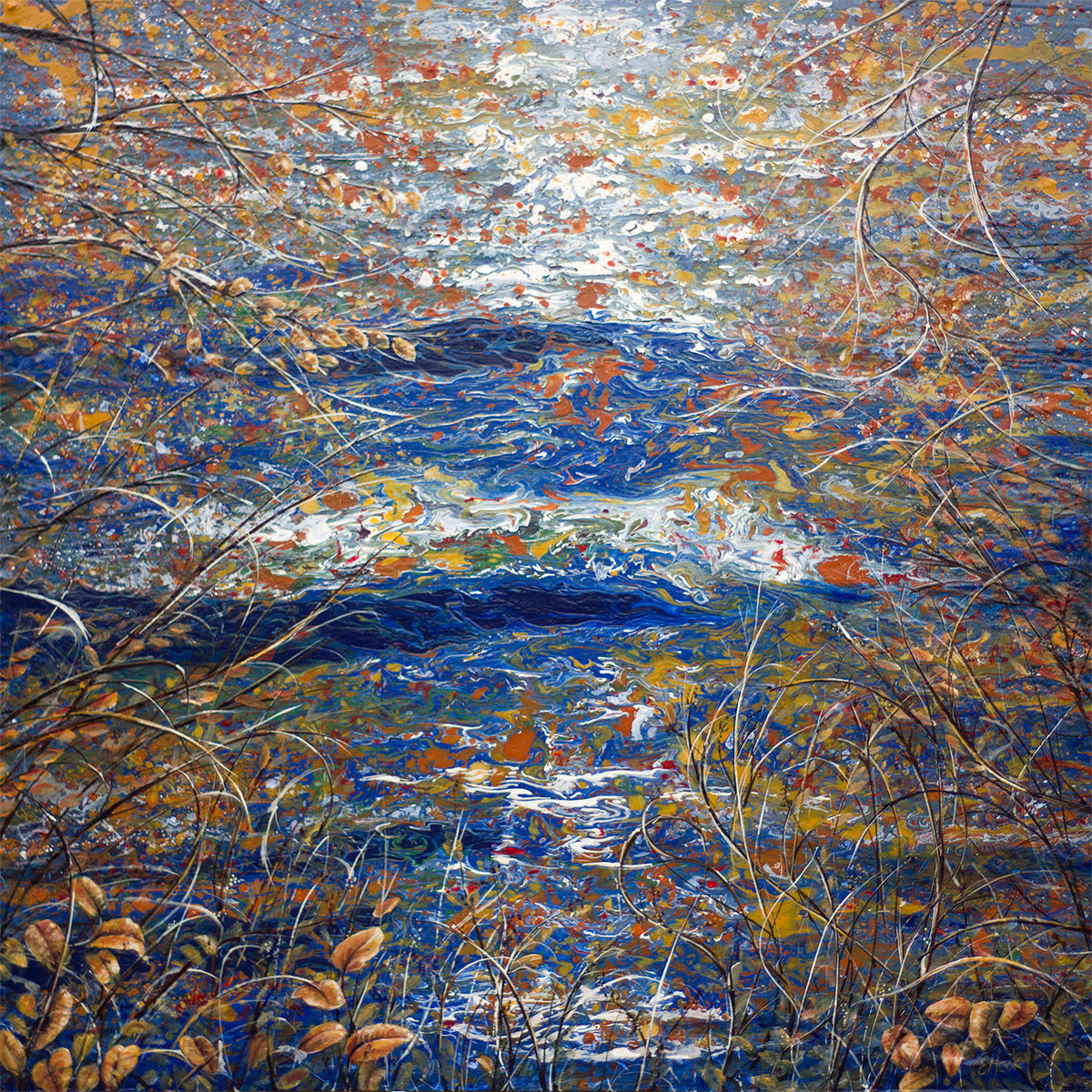 Seascape & Water “Autumn Lakeshore” by Elva Hook – acrylic on panel.
