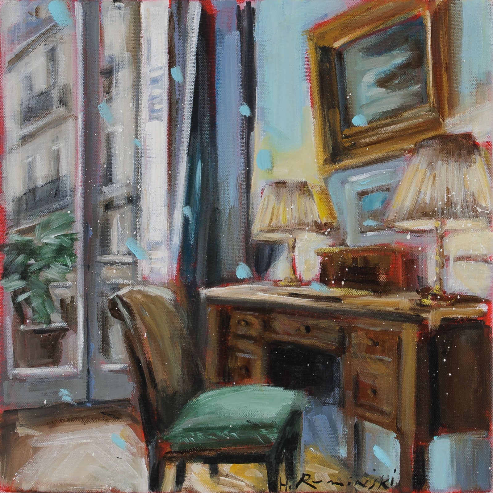 Hanna Ruminski, "Apartment In Paris With Bureau," Acrylic on Canvas, 14 x 14 in, Contemporary interior painting with room