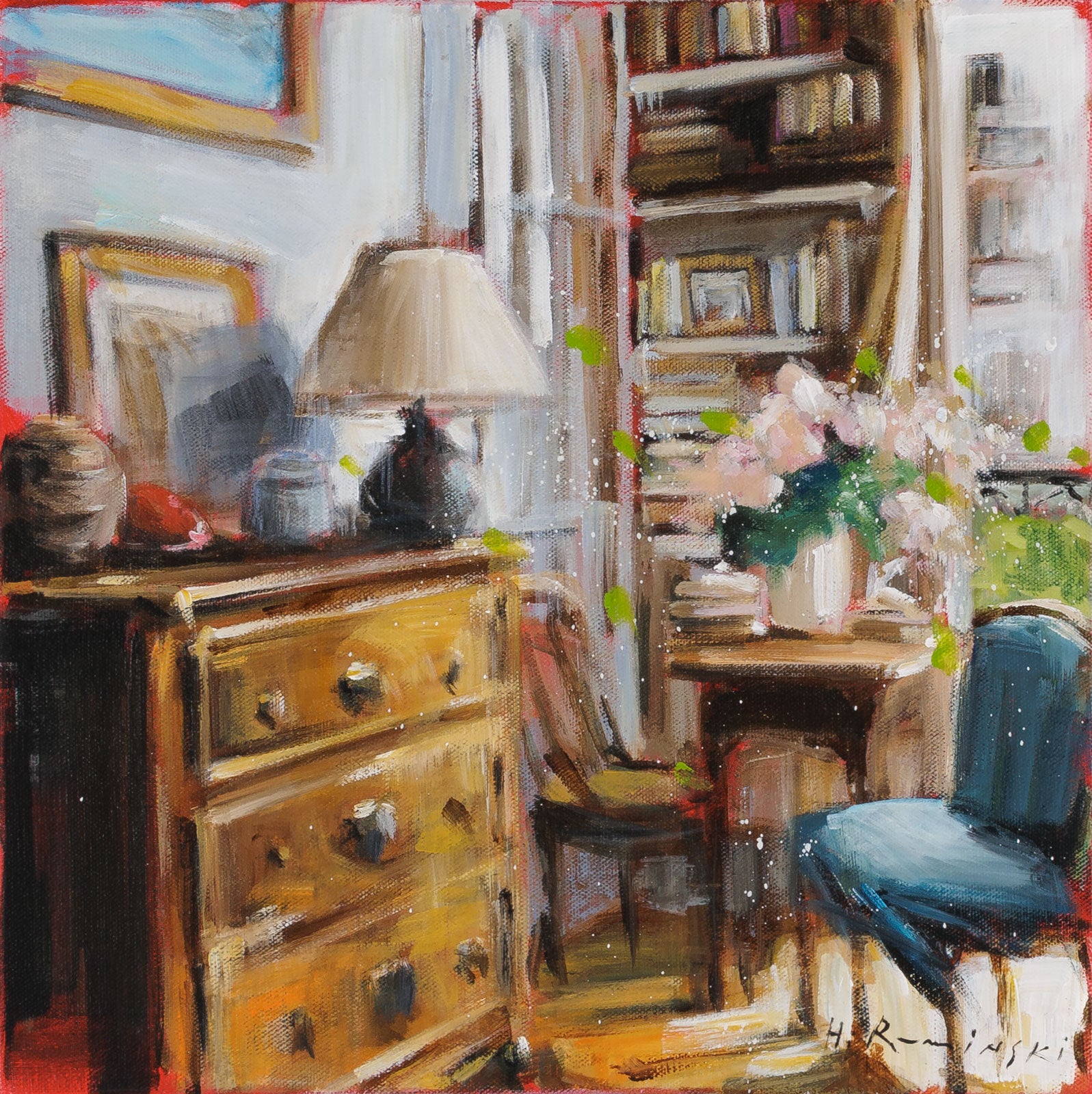 Hanna Ruminski, "Small Parisian Apartment With French Cabinet," Acrylic on Canvas, 14 x 14 in, Contemporary interior painting with room