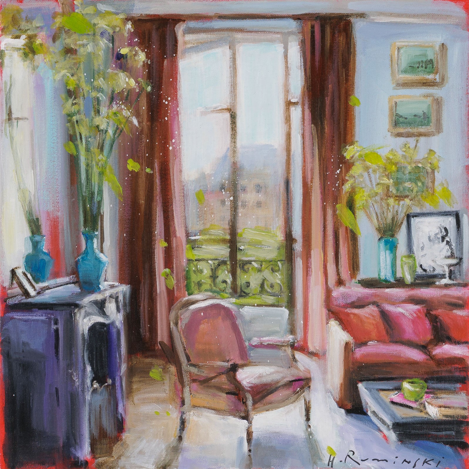 Hanna Ruminski, "Parisian Apartment With Two Flower Bouquets," Acrylic on Canvas, 18 x 18 in, Contemporary interior painting with cut flowers, room