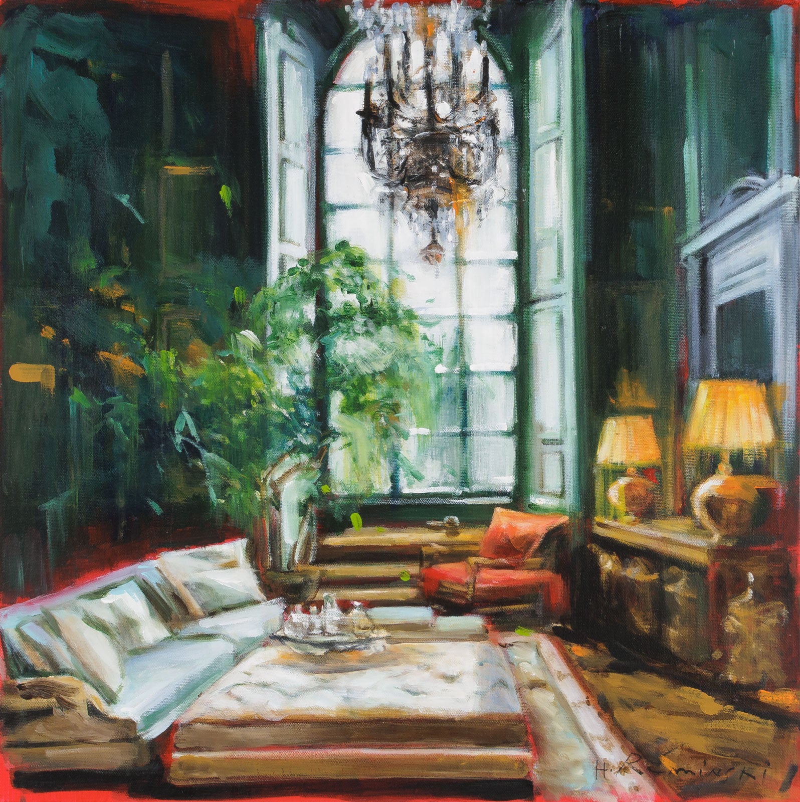 Hanna Ruminski, "Large Window & Red Chair," Acrylic on Canvas, 24 x 24 in, Contemporary interior painting with chair, room