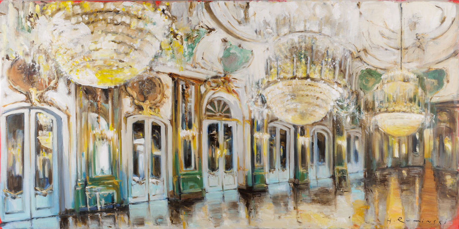 Hanna Ruminski, "Queluz Palace Grand Hall," Acrylic on Canvas, 36 x 72 in, Contemporary interior painting with room