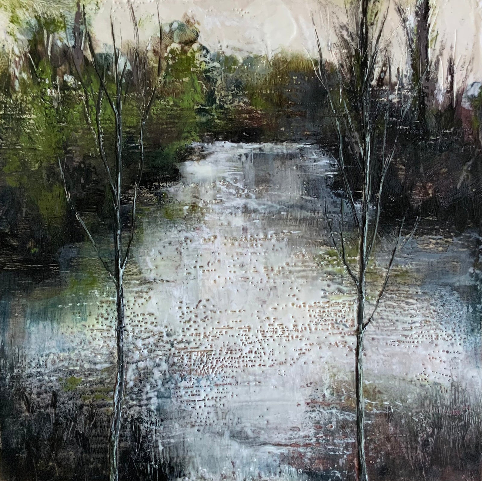 Landscape “Hidden Waters” by Sarah Hunter – encaustic on panel.
